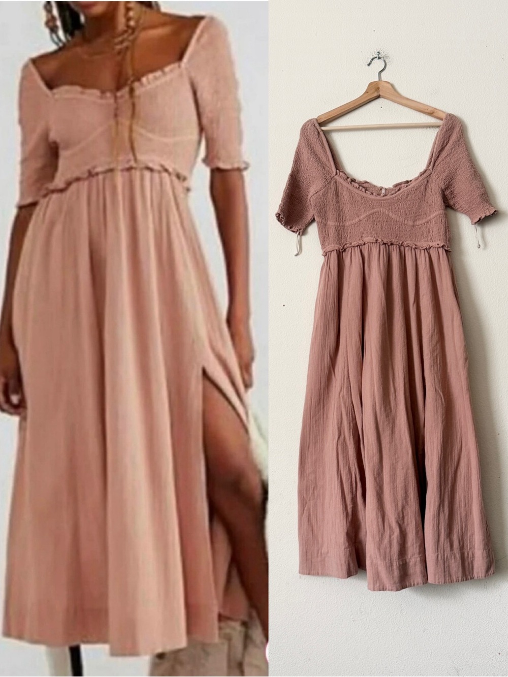 Free People SMALL Sunshine season smocked pocketed midi dress in Blush Pink